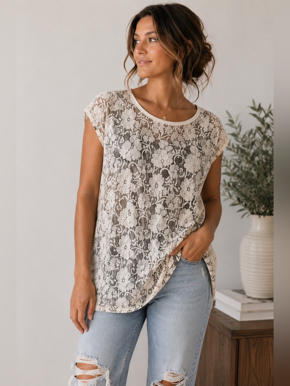 NWT BLK DNM Floral Lace Sheer Top Cream Black Small